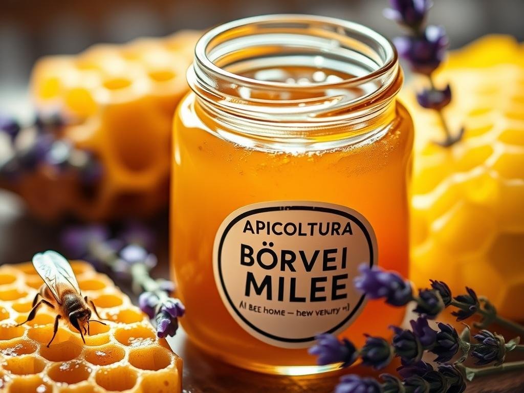 A close-up view of a glass jar filled with golden, viscous honey, its surface reflecting the light. The jar's label displays the text "APICOLTURA BORVEI MIELE", showcasing the brand's identity. Surrounding the jar are various elements associated with beekeeping, such as a honeycomb, a bee, and a sprig of lavender. The image conveys a sense of artisanal craftsmanship and the natural properties of bee venom, highlighting its potential benefits for post-injury recovery. The overall lighting is warm and inviting, creating a mood of tranquility and wellness.