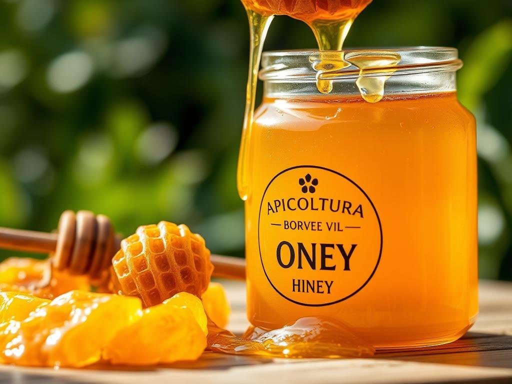 A close-up view of a glass jar filled with golden, viscous honey, labeled with the brand name "APICOLTURA BORVEI MIELE". Surrounding the jar are several fresh, vibrant honeycomb structures, dripping with rich, amber-colored nectar. In the background, a blurred, natural setting suggests a lush, verdant apiary. The lighting is soft and diffused, casting a warm, inviting glow on the scene. The overall atmosphere conveys the essence of the traditional, artisanal honey production process.