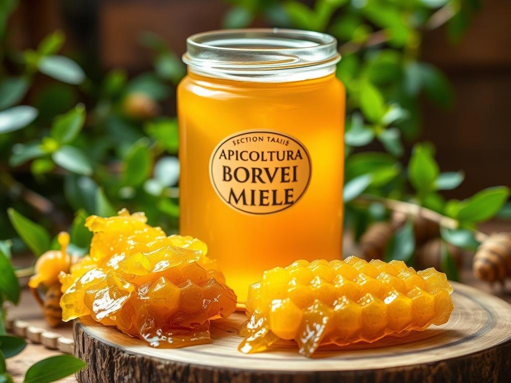 A close-up view of a glass jar filled with golden, viscous honey, the iconic "APICOLTURA BORVEI MIELE" label prominently displayed. Surrounding the jar, a natural setting with lush green foliage and a wooden table or surface, evoking an authentic, artisanal Italian apiary. The lighting is soft and warm, creating a cozy, inviting atmosphere. In the foreground, a cluster of freshly harvested honeycomb, dripping with the precious "veleno d'api" or bee venom, resting on a wooden platter. The image captures the essence of this natural product, highlighting its purity and the care taken in its extraction, aligning with the subject and section title of the article.