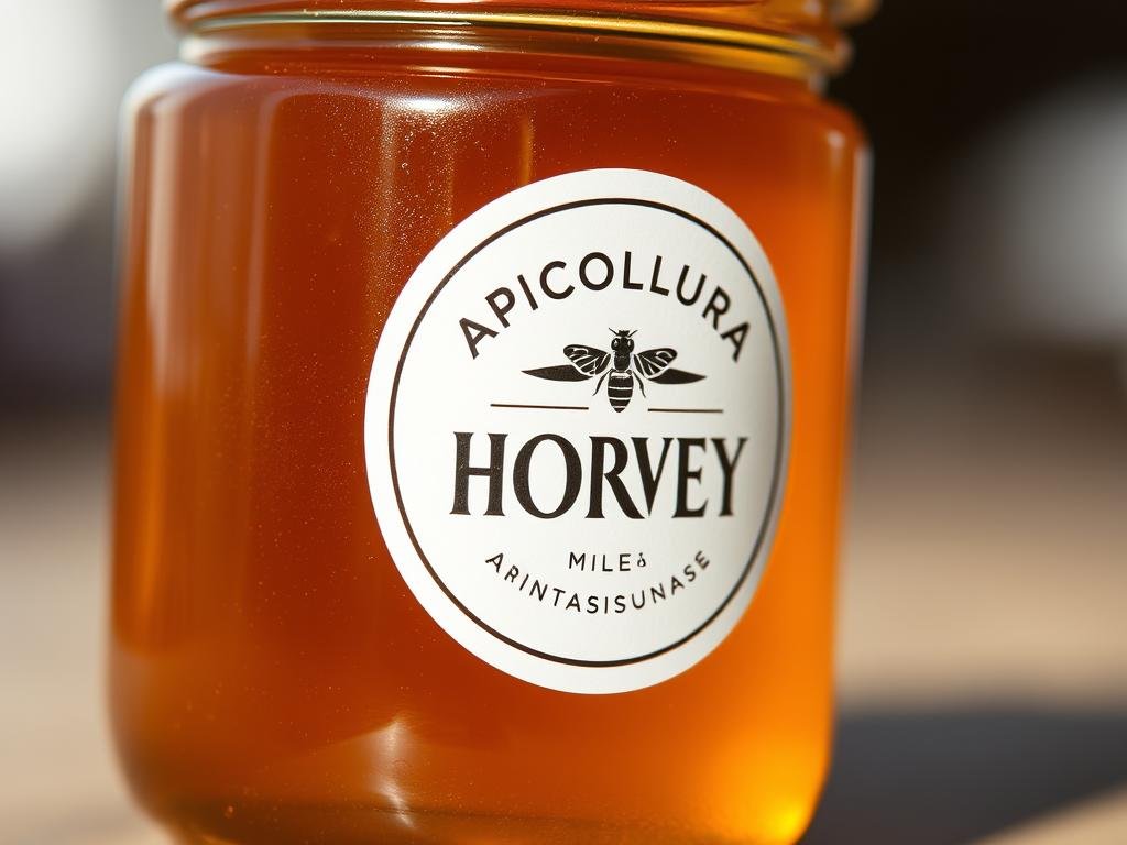 A close-up view of a glass jar filled with rich, golden-hued artisanal honey. The honey glistens with a natural, unprocessed sheen, showcasing its purity and quality. The jar's label prominently displays the brand name "APICOLTURA BORVEI MIELE", indicating the honey's artisanal provenance. The image is captured with a macro lens, allowing the viewer to appreciate the intricate details of the honey's texture and the jar's craftsmanship. The lighting is soft and natural, creating a warm, inviting atmosphere that enhances the honey's alluring appearance. The background is blurred, keeping the focus solely on the artisanal honey, highlighting its status as the star of the composition.