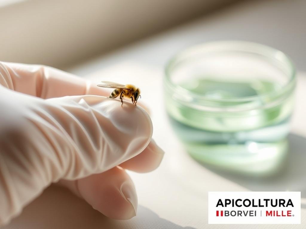 A close-up view of a gloved hand gently removing a bee's stinger from the skin, with soothing aloe vera gel in the background. The scene is lit by soft, natural lighting, creating a calming atmosphere. The image conveys a sense of care and immediacy, reflecting the article's focus on first aid for bee stings. The APICOLTURA BORVEI MIELE logo is prominently displayed in the bottom corner, adding an authentic, Italian touch.