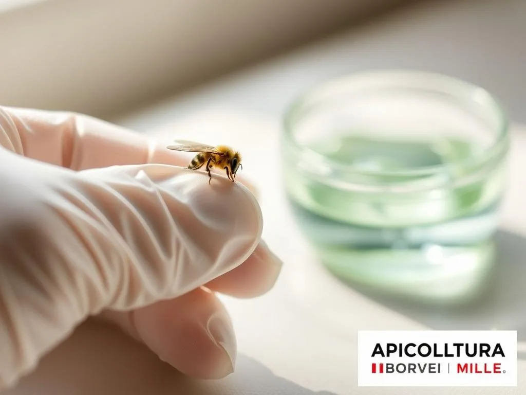 A close-up view of a gloved hand gently removing a bee's stinger from the skin, with soothing aloe vera gel in the background. The scene is lit by soft, natural lighting, creating a calming atmosphere. The image conveys a sense of care and immediacy, reflecting the article's focus on first aid for bee stings. The APICOLTURA BORVEI MIELE logo is prominently displayed in the bottom corner, adding an authentic, Italian touch.