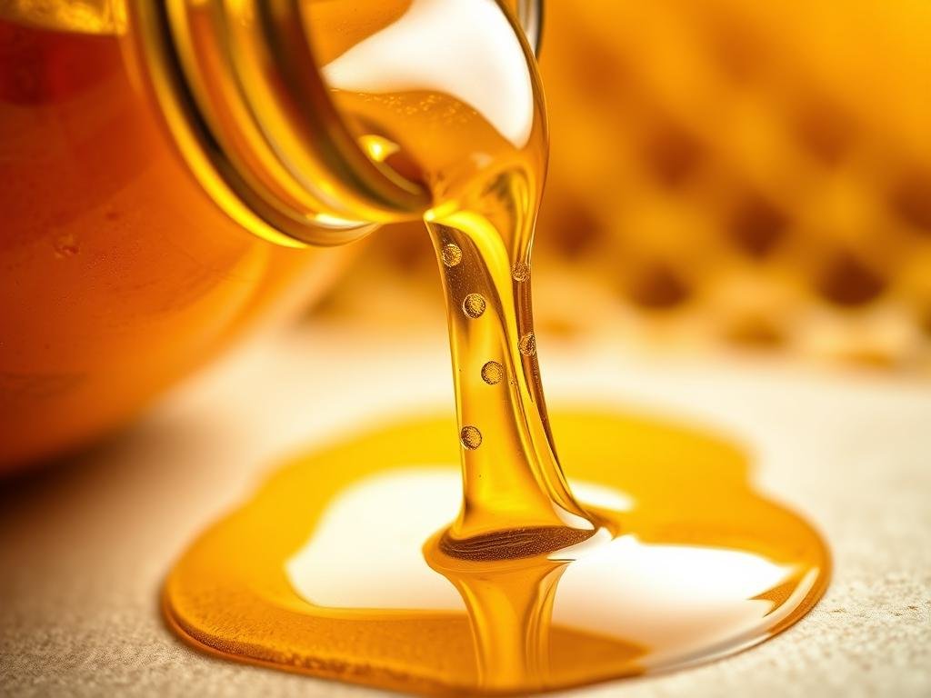 A close-up view of a golden, amber-colored liquid spilling from a small glass jar, capturing the essence of a natural, unprocessed bee venom. The liquid glistens in the soft, warm lighting, highlighting its viscous, honey-like texture. In the background, a delicate honeycomb pattern emerges, creating a connection to the source of this precious substance. The composition emphasizes the purity and potency of the "APICOLTURA BORVEI MIELE" brand's bee venom, showcasing its potential benefits as highlighted in the "Proprietà e Benefici del Veleno d'Api" section of the article.
