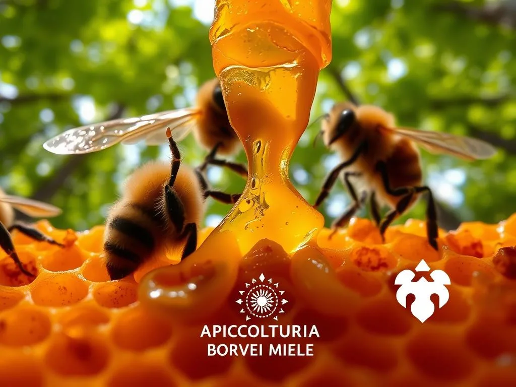 A close-up view of a golden-hued, sticky substance oozing from a honeycomb, surrounded by delicate bee wings and antennae. The propolis appears to glisten under the warm, natural lighting, highlighting its resinous texture and deep, earthy aroma. In the background, a verdant forest canopy frames the scene, suggesting the propolis' origins in the lush, forested landscapes of Italy. The APICOLTURA BORVEI MIELE logo is subtly integrated into the composition, conveying the artisanal craftsmanship behind this natural wonder.