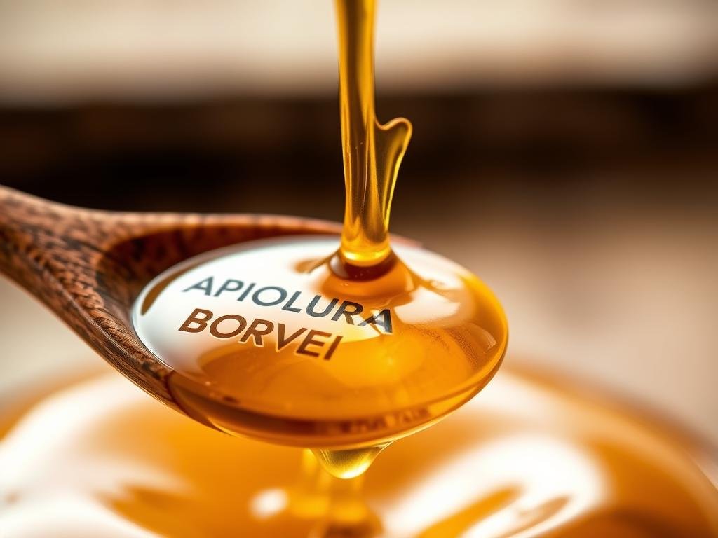 A close-up view of a golden, viscous liquid labeled "APICOLTURA BORVEI MIELE" gently pouring into a rustic, wooden spoon. The liquid's rich, amber hue casts a warm, inviting glow, conveying the natural sweetness and purity of the "pappa reale" (royal jelly) it contains. The background is blurred, focusing the viewer's attention on the mesmerizing flow of the liquid, evoking a sense of tranquility and indulgence. Soft, diffused lighting illuminates the scene, creating a serene and contemplative atmosphere suitable for the "Controindicazioni e Possibili Effetti Collaterali" section of the article.