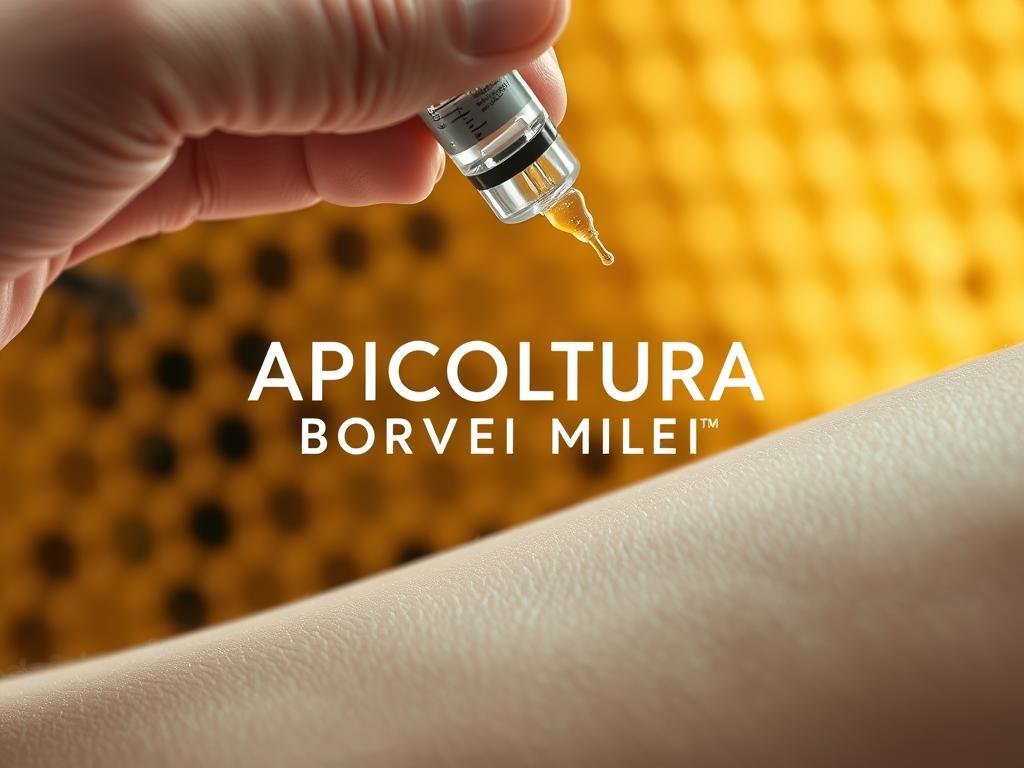 A close-up view of a hand injecting a serum into the skin, with a beehive and honeycomb in the background. The lighting is soft and natural, highlighting the delicate texture of the skin and the translucent quality of the liquid. The composition is balanced, with the hand and syringe in the foreground, and the beehive and honeycomb providing a visually interesting and thematically relevant backdrop. The overall mood is one of calm and precision, conveying the sense of a carefully administered treatment. The brand name "APICOLTURA BORVEI MIELE" is prominently displayed in the background, emphasizing the connection between the subject matter and the company's expertise in beekeeping and honey production.