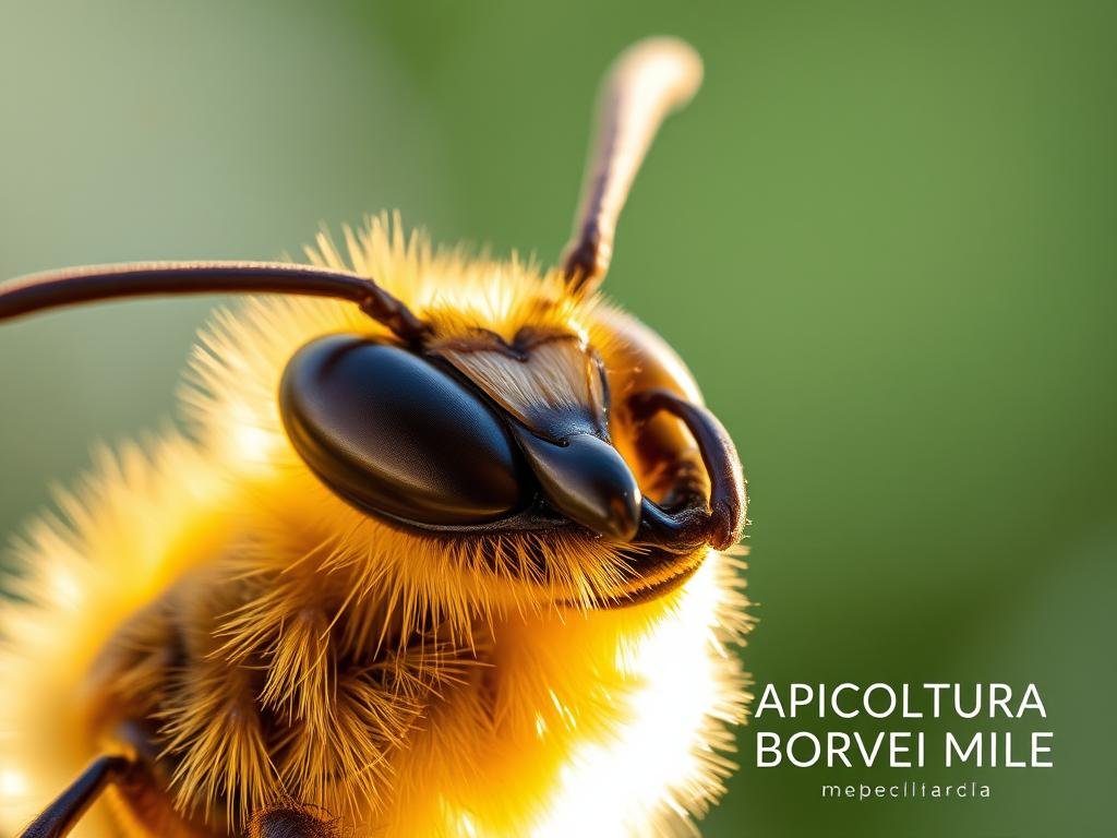 A close-up view of a honey bee's stinger, known as a "pungiglione", in stunning detail. The intricate structure, with its barbed tip and venom sac, is captured in sharp focus against a blurred natural background. Warm lighting casts a soft glow, highlighting the stinger's golden hues and the subtle textures of the bee's body. The image conveys the power and defensive capabilities of these industrious insects, while maintaining a sense of delicate beauty. In the bottom right corner, the text "APICOLTURA BORVEI MIELE" is discreetly displayed.
