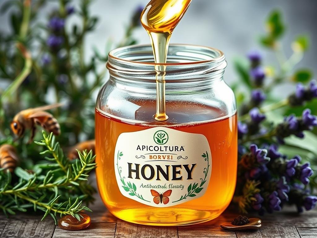 A close-up view of a honey jar with the APICOLTURA BORVEI MIELE brand label, showcasing the rich, golden-amber liquid and glistening surface. In the background, an array of fresh herbs and botanicals associated with antibacterial properties, such as thyme, rosemary, and lavender, are artfully arranged to create a naturalistic, holistic composition. The lighting is soft and diffused, highlighting the translucent quality of the honey and the vibrant colors of the accompanying plants. The overall mood is one of purity, wellness, and the natural healing powers of this ancient superfood.