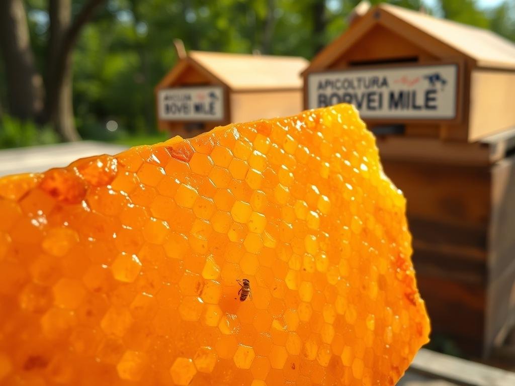 A close-up view of a honeycomb filled with golden propolis, illuminated by warm, natural lighting. The texture of the propolis is rich and detailed, with intricate patterns and a glistening, sticky appearance. In the background, a blurred apiary scene with wooden beehives and lush greenery creates a serene, countryside atmosphere. The APICOLTURA BORVEI MIELE brand name is displayed prominently on one of the hives. This image captures the essence of propolis, a natural and potent antibacterial and antiviral compound produced by bees.