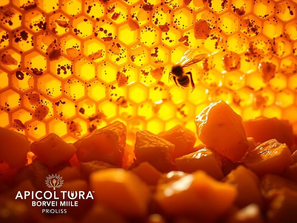 A close-up view of a honeycomb filled with golden, viscous propolis, a natural resinous substance produced by honeybees. The honeycomb is backlit, casting a warm, amber glow that highlights the intricate textures and patterns of the propolis. The foreground features the APICOLTURA BORVEI MIELE brand name, showcasing the provenance of this natural product. The middle ground showcases individual propolis pieces, their surfaces reflecting the light and revealing their rich, earthy tones. In the background, a blurred, out-of-focus view of a beehive suggests the origin of this remarkable substance. The overall image conveys the natural, artisanal nature of propolis and its potential health benefits.
