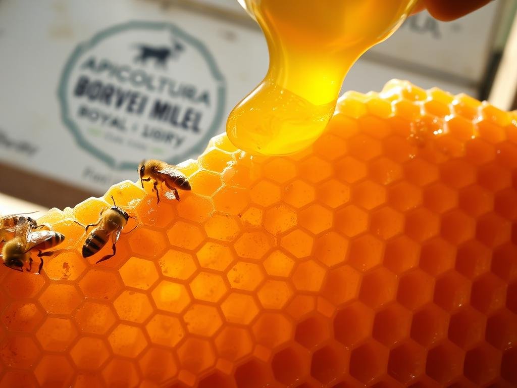 A close-up view of a honeycomb filled with the rich, golden pappa reale, or royal jelly, produced by honeybees. The intricate, hexagonal structure is illuminated from above, casting soft shadows that accentuate the texture and viscosity of the royal jelly. In the background, a blurred apiary with the APICOLTURA BORVEI MIELE logo is visible, hinting at the artisanal, Italian provenance of this natural product. The overall mood is one of natural wonder and the delicate, nourishing properties of this unique bee-derived substance.