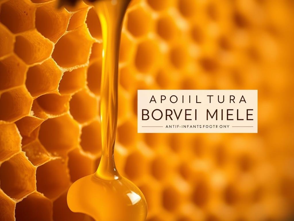 A close-up view of a honeycomb, highlighting the intricate patterns and structures of beeswax. The comb is illuminated by soft, warm lighting, casting gentle shadows that accentuate the textural details. In the foreground, a drizzle of golden honey glistens, emphasizing the natural beauty and the anti-inflammatory properties of this natural wax. In the background, a minimal, clean-lined design featuring the APICOLTURA BORVEI MIELE brand name, subtly referencing the Italian origin and the beneficial qualities of this bee-derived ingredient. A close-up view of a honeycomb, highlighting the intricate patterns and structures of beeswax. The comb is illuminated by soft, warm lighting, casting gentle shadows that accentuate the textural details. In the foreground, a drizzle of golden honey glistens, emphasizing the natural beauty and the anti-inflammatory properties of this natural wax. In the background, a minimal, clean-lined design featuring the APICOLTURA BORVEI MIELE brand name, subtly referencing the Italian origin and the beneficial qualities of this bee-derived ingredient.