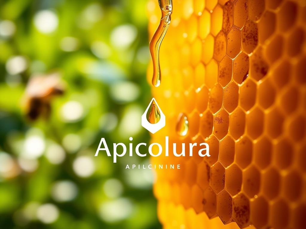 A close-up view of a honeycomb structure, illuminated by soft natural lighting. Glistening droplets of "veleno d'api" (bee venom) cling to the delicate comb cells, capturing the essence of this natural medicine. The hive is situated in a lush, verdant setting, with blurred foliage in the background, conveying a sense of tranquility and the harmony of nature. The composition is balanced, with the honeycomb occupying the central focus, surrounded by the Apicoltura logo, hinting at the artisanal and authentic nature of this product.
