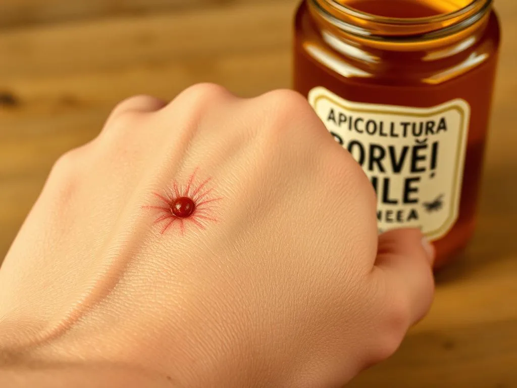 A close-up view of a human hand and forearm showing the aftermath of a bee or wasp sting. The skin is slightly swollen, red, and irritated, with a distinct puncture mark visible. The area around the sting is depicted with a natural, warm lighting, highlighting the textural details of the skin. In the background, a jar of honey with the "APICOLTURA BORVEI MIELE" label is prominently displayed, conveying the relationship between bees and the potential for stings. The overall mood is one of a realistic, documentary-style medical illustration, capturing the common symptoms experienced after a bee or wasp sting.
