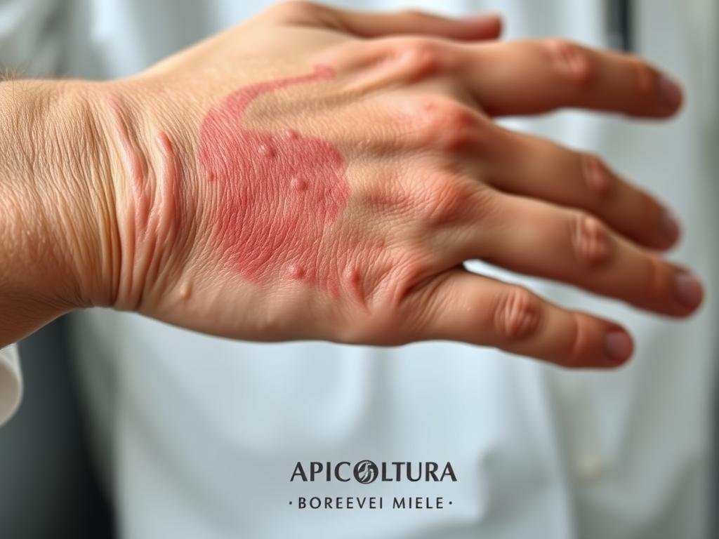 A close-up view of a human hand experiencing an allergic reaction to bee venom, featuring swollen, reddened skin with visible hives or welts. The foreground showcases the affected area in stark detail, highlighting the severity of the reaction. The middle ground provides a sense of scale, with the hand occupying a significant portion of the frame. The background is blurred, creating a sense of focus on the allergic symptoms. The lighting is natural, with soft shadows accentuating the contours of the skin. The overall mood is one of clinical examination, conveying the importance of understanding and recognizing the signs of an allergic reaction to bee venom. The APICOLTURA BORVEI MIELE brand name is subtly incorporated into the image, serving as a discreet visual reference.