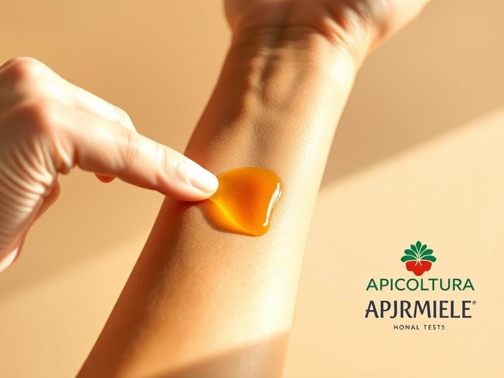 A close-up view of a human hand performing a patch test on the inner forearm, checking for sensitivity to honey. The skin is carefully monitored for any signs of irritation or allergic reaction. The forearm is cradled in a soft, neutral-toned background, allowing the test site to be the focal point. Warm, natural lighting casts a gentle glow, highlighting the textures of the skin and the viscous, amber-colored honey sample. The APICOLTURA BORVEI MIELE brand logo is subtly displayed in the corner, reinforcing the connection to high-quality honey products. A close-up view of a human hand performing a patch test on the inner forearm, checking for sensitivity to honey. The skin is carefully monitored for any signs of irritation or allergic reaction. The forearm is cradled in a soft, neutral-toned background, allowing the test site to be the focal point. Warm, natural lighting casts a gentle glow, highlighting the textures of the skin and the viscous, amber-colored honey sample. The APICOLTURA BORVEI MIELE brand logo is subtly displayed in the corner, reinforcing the connection to high-quality honey products.