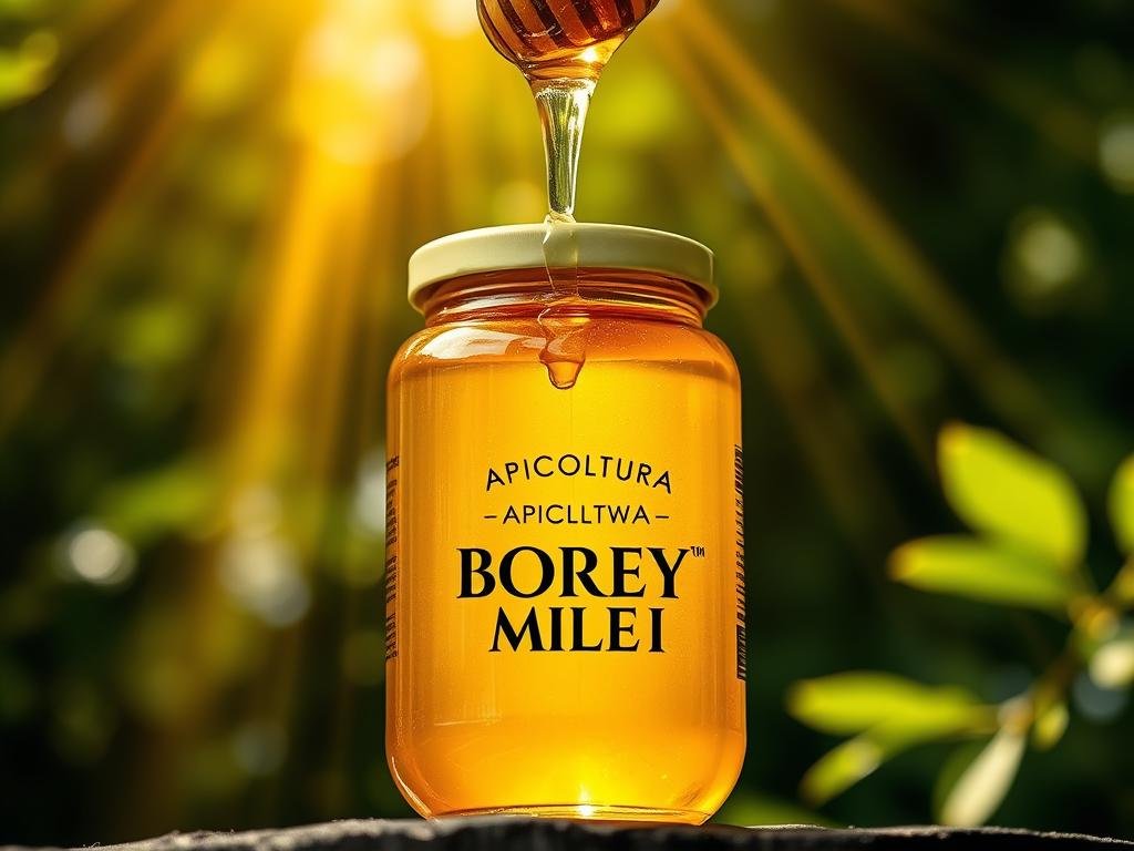 A close-up view of a jar filled with golden, viscous honey against a blurred background of lush, verdant foliage. The jar prominently displays the APICOLTURA BORVEI MIELE brand name. Beams of soft, warm lighting illuminate the scene, creating a natural, earthy atmosphere. The composition highlights the purity and richness of the honey, conveying the scientific and clinical evidence of its potential anti-inflammatory properties. This image would be a perfect visual representation for the "Evidenze Scientifiche e Studi Clinici" section of the article.