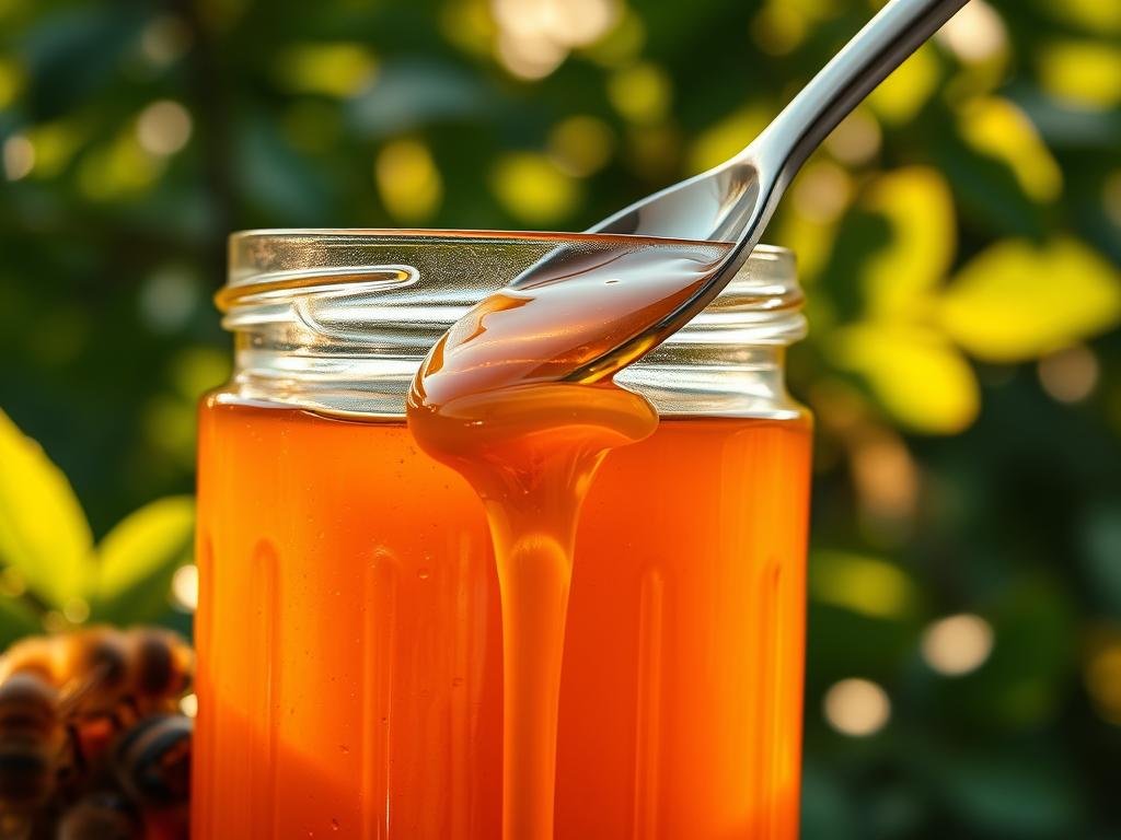 A close-up view of a jar filled with thick, golden-amber apicoltura (Beekeeping) honey, with a spoon dipped into the sweet, viscous liquid. The jar is set against a backdrop of lush, green foliage, hinting at the natural environment from which the honey was harvested. Rays of warm, golden light filter through the leaves, casting a soft, natural glow on the jar and honey. The scene conveys a sense of purity, nourishment, and the connection between nature and the ancient practice of beekeeping. The image captures the essence of the "Cos'è il Veleno d'Api e Come Agisce nel Corpo Umano" section, highlighting the natural source and potential benefits of bee venom.