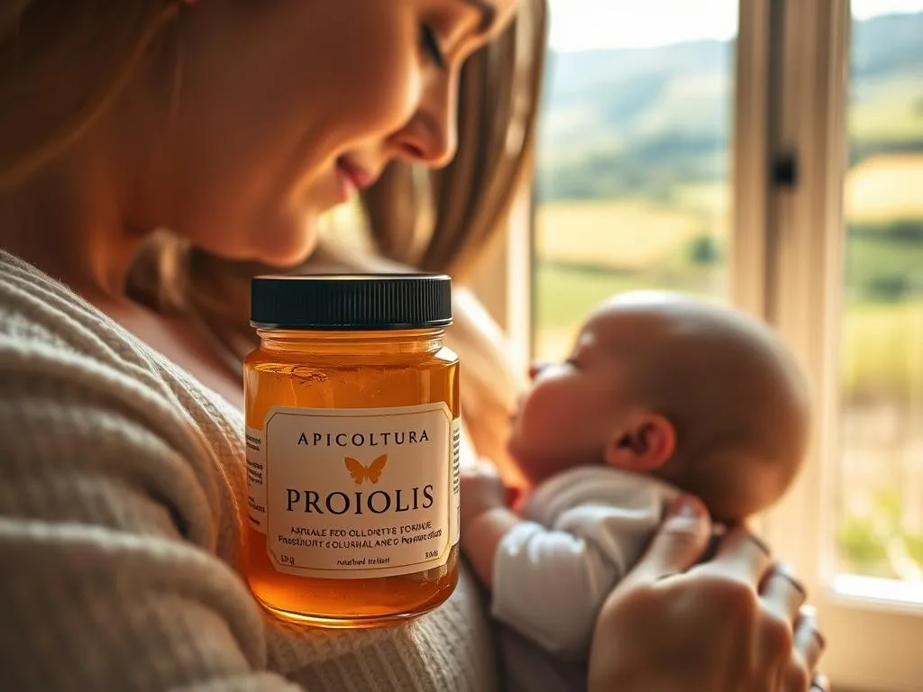 A close-up view of a mother breastfeeding her baby, with a jar of golden propolis prominently displayed in the foreground. The scene is bathed in warm, natural lighting, creating a cozy and intimate atmosphere. In the background, a rural Italian landscape with rolling hills and lush greenery can be seen through a window. The image conveys a sense of connection and nourishment, both physical and emotional. The text "APICOLTURA BORVEI MIELE" is visible on the propolis jar, emphasizing the natural and authentic elements of the scene.
