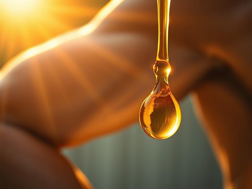 A close-up view of a muscular arm with visible veins, enveloped in a golden halo of warm, directional lighting, casting a soft, ethereal glow. In the foreground, a few droplets of amber-colored liquid, reminiscent of raw honey, glisten and reflect the light, symbolizing the soothing, anti-inflammatory properties of bee venom. The background is blurred, creating a sense of focus and emphasis on the arm and the honey-like liquid. The overall mood is one of natural healing and rejuvenation. APICOLTURA BORVEI MIELE