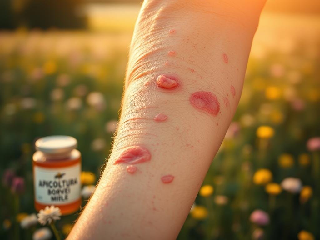 A close-up view of a person's arm experiencing an allergic reaction, with reddened skin, swelling, and hives. The foreground features the affected arm against a blurred background, emphasizing the reaction. Warm, natural lighting casts a soft glow, capturing the discomfort and irritation of the allergic response. The mid-ground includes a jar of honey with the label "APICOLTURA BORVEI MIELE," subtly referencing the article's subject of bee venom allergies. The background showcases a serene, natural setting, such as a field of flowers or a lush garden, to convey the environmental context. The overall mood is one of concern and unease, reflecting the article's focus on the causes and reactions of bee venom allergies.