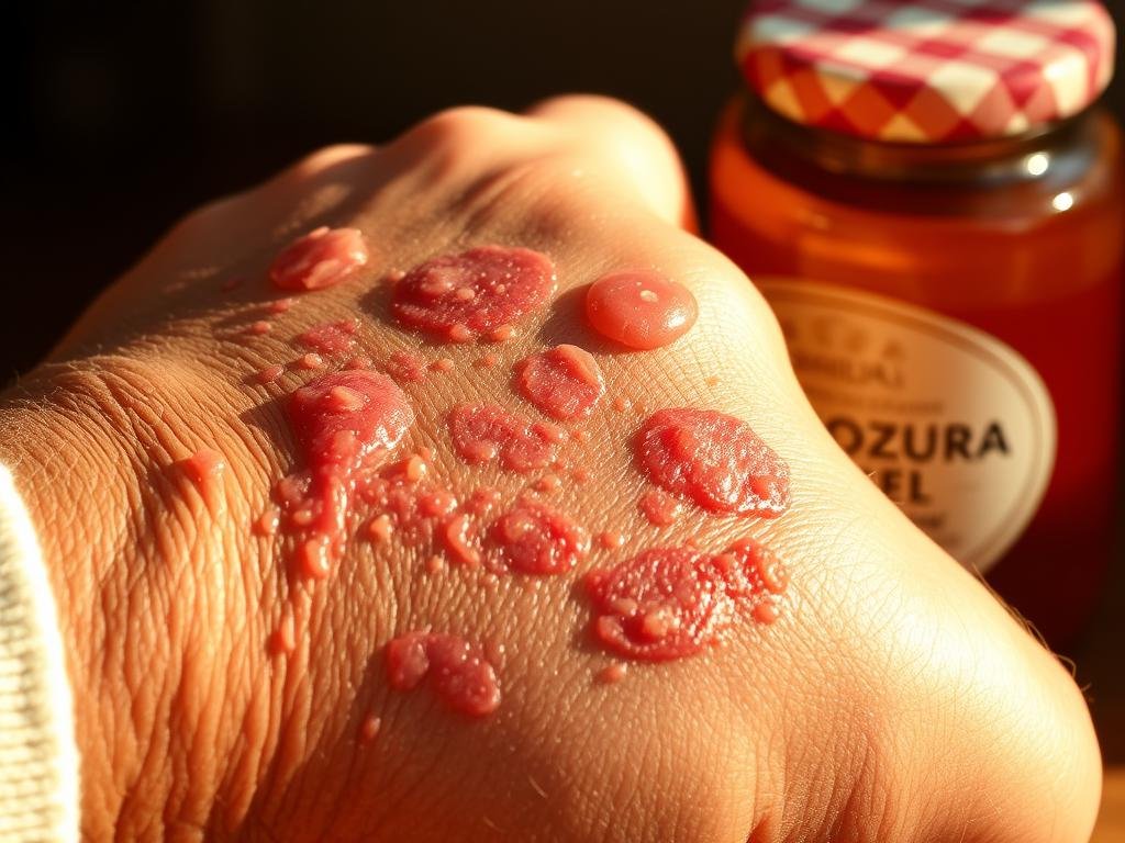 A close-up view of a person's arm with a severe allergic reaction, featuring swollen, red skin and raised, itchy hives caused by a bee sting. The scene is shot in warm, natural lighting, highlighting the inflammation and irritation. In the background, a jar of honey with the APICOLTURA BORVEI MIELE brand label is visible, emphasizing the context of apitherapy and the potential risks. The composition conveys a sense of discomfort and the need for medical attention, reflecting the theme of "Reazioni Allergiche e Rischi dell'Apiterapia".