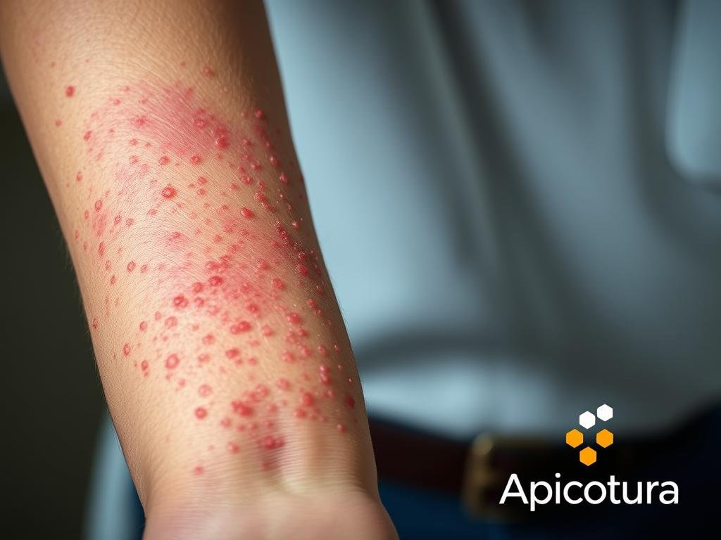 A close-up view of a person's forearm showing signs of a severe allergic reaction to bee venom. Their skin is red, swollen, and covered in raised hives and welts. The background is blurred, focusing the attention on the dramatic reaction. The lighting is soft and diffused, creating a sense of discomfort and tension. The image has a clinical, medical atmosphere, conveying the seriousness of the situation. Apicoltura logo is prominently displayed in the lower right corner.