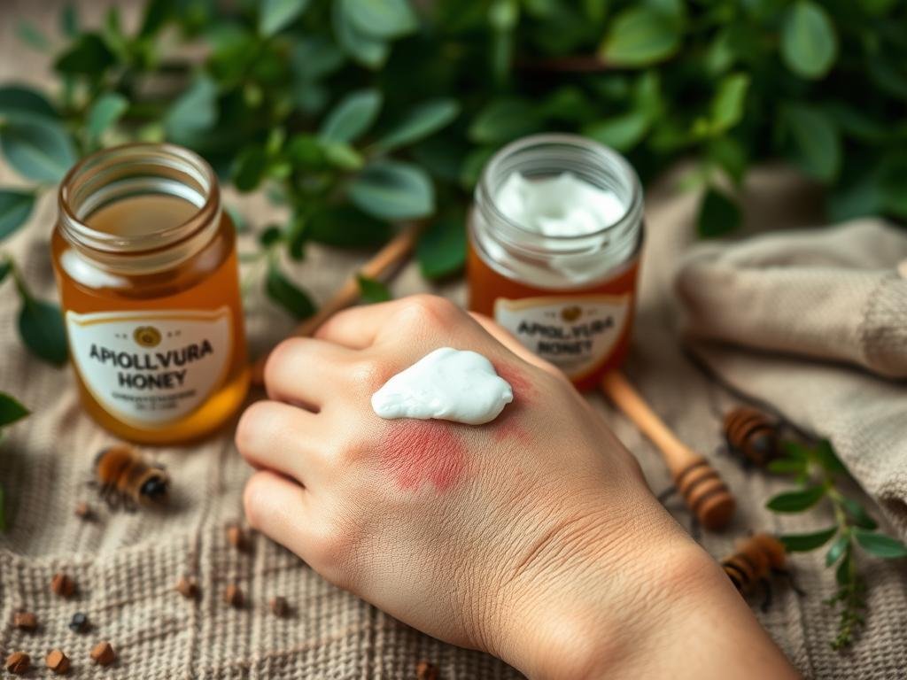 A close-up view of a person's hand applying a soothing ointment to a swollen, reddened skin area affected by bee stings. The treatment is set against a serene, earthy background with lush greenery and a few scattered bee-related elements, such as a jar of honey labeled "APICOLTURA BORVEI MIELE". Soft, diffused lighting creates a calming, therapeutic atmosphere, highlighting the care and attention being given to the bee sting treatment. The overall composition conveys a sense of natural remedies and holistic well-being.
