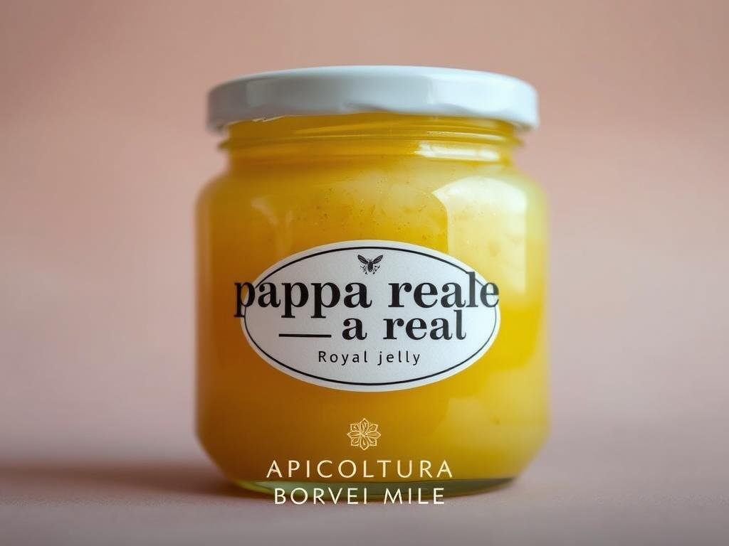 A close-up view of a pristine, glass jar filled with raw, golden-hued "pappa reale" - the nutrient-rich, creamy royal jelly produced by honeybees to nourish their queen. The jar is set against a soft, pastel-colored background, evoking a sense of artisanal craftsmanship and natural purity. The lighting is soft and diffused, highlighting the luscious texture and vibrant color of the royal jelly. In the foreground, the APICOLTURA BORVEI MIELE brand name is prominently displayed, conveying the high-quality and authentic nature of this specialized bee product. The overall composition and mood aim to visually convey the care, tradition, and nutrition at the heart of the queen bee's royal feeding process.
