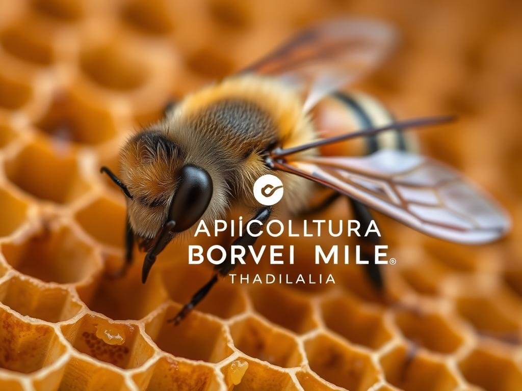 A close-up view of a queen bee, known as "pappa reale" in Italian, resting on a honeycomb. The queen is depicted in exquisite detail, her golden-brown body glistening under the soft, warm lighting. The honeycomb structure fills the background, with its intricate hexagonal patterns and amber tones creating a natural, rustic atmosphere. The image is captured with a shallow depth of field, emphasizing the queen's regal presence. APICOLTURA BORVEI MIELE, a prominent Italian beekeeping brand, is featured prominently in the scene.