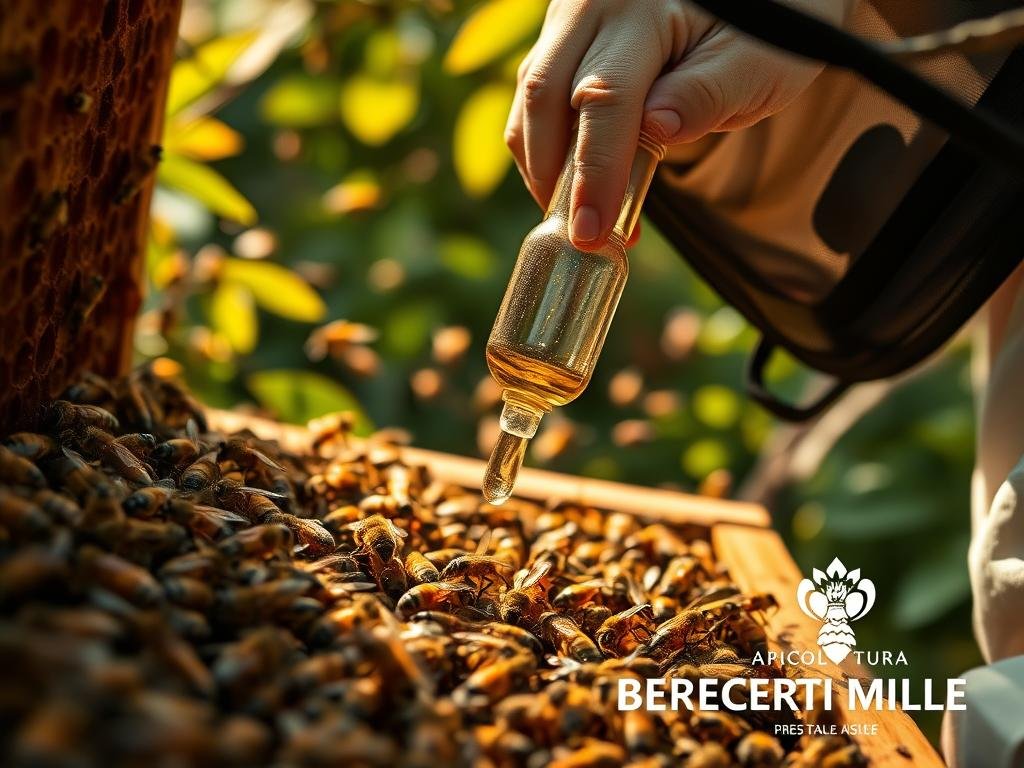 A close-up view of a skilled beekeeper carefully extracting venom from an active beehive. The beekeeper, adorned in a protective suit, delicately handles a glass vial, catching the potent liquid as it drips from the angry bees' stingers. The hive is alive with the buzzing of thousands of insects, their wings creating a soft, rhythmic hum. The background is a serene, natural setting, with lush greenery and a warm, golden light filtering through the leaves. The APICOLTURA BORVEI MIELE branding is prominently displayed, indicating the provenance of this artisanal bee venom.