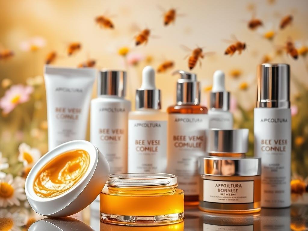 A close-up view of an assortment of cosmetic products made with the rich, golden honey and pure, natural bee venom of APICOLTURA BORVEI MIELE. The foreground features an open jar of the cosmetic cream, its luscious texture and organic ingredients on full display. The middle ground showcases a variety of luxurious bee venom-infused face serums, lotions, and masks, each packaged in sleek, minimalist containers. The background depicts a soft, dreamy landscape of flowering meadows and buzzing honeybees, evoking the soothing, natural essence of the products. Warm, diffused lighting casts a gentle glow over the scene, highlighting the premium quality and alluring appeal of these botanical, bee-powered cosmetics.