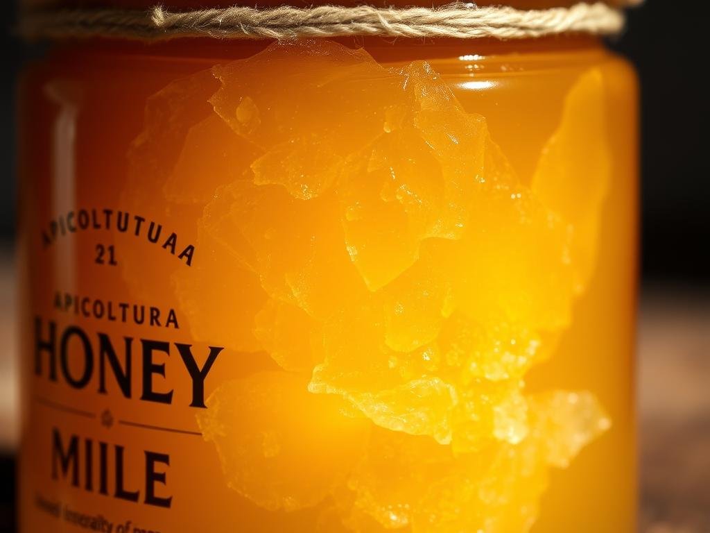 A close-up view of crystallized honey, showcasing the intricate patterns and textures that develop as the liquid honey transforms into a smooth, solid state. The honey is presented in a rustic glass jar, with the label &amp;quot;APICOLTURA BORVEI MIELE&amp;quot; prominently displayed. Soft, warm lighting casts gentle shadows, highlighting the golden hues and natural beauty of the honey. The image conveys a sense of artisanal craftsmanship and the care taken in the production of this high-quality Italian honey. The overall atmosphere is one of simplicity, quality, and an appreciation for the natural wonders of the beekeeping process.