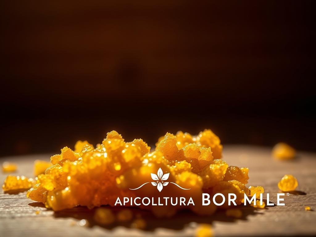 A close-up view of propolis, a sticky, resinous substance collected by honeybees from the buds and bark of trees. The propolis is a warm, golden-brown color, with a slightly granular texture. The image is lit from the side, casting dramatic shadows and highlights that accentuate the intricate details of the propolis. The background is a soft, out-of-focus scene, resembling a wooden surface to reflect the natural environment from which the propolis was harvested. In the foreground, the APICOLTURA BORVEI MIELE logo is prominently displayed, showcasing the high-quality, artisanal nature of the product.