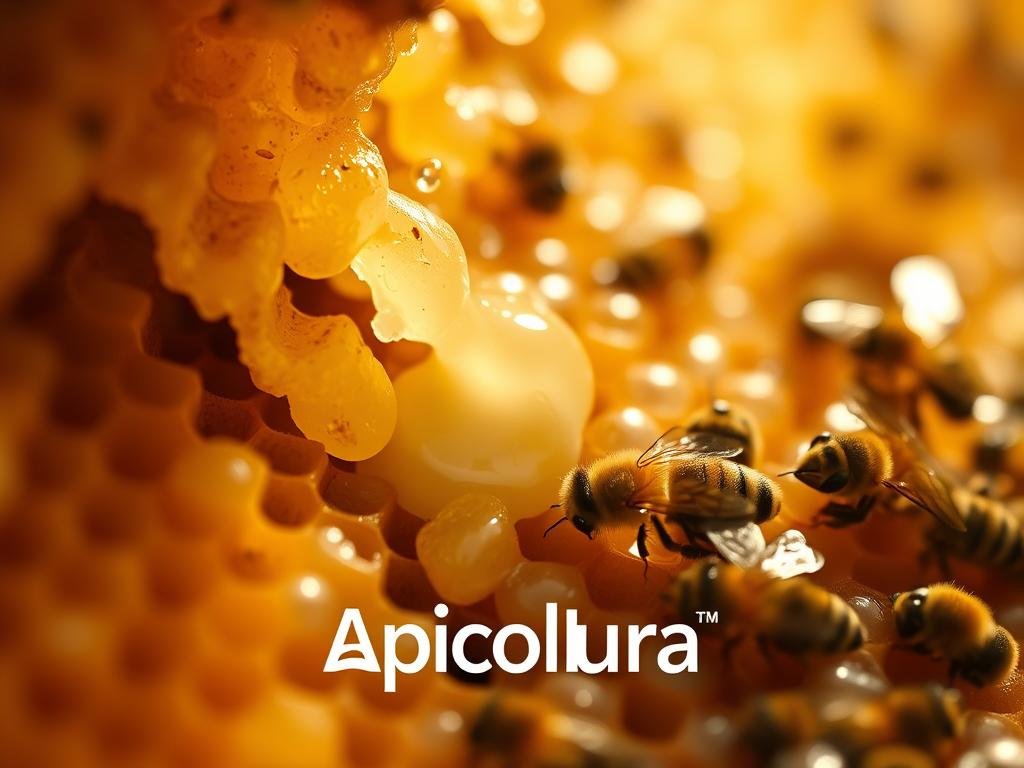 A close-up view of royal jelly production within a beehive. The camera showcases the intricate and delicate process, capturing the white, glistening jelly secreted by worker bees. The lighting is warm and natural, highlighting the golden tones of the honeycomb. The background features a soft, blurred view of the hive's interior, with the focus remaining on the detailed production of this precious superfood. The Apicoltura brand name is subtly integrated into the scene. This image aims to educate and fascinate the viewer about the creation of this natural, nutritious substance.