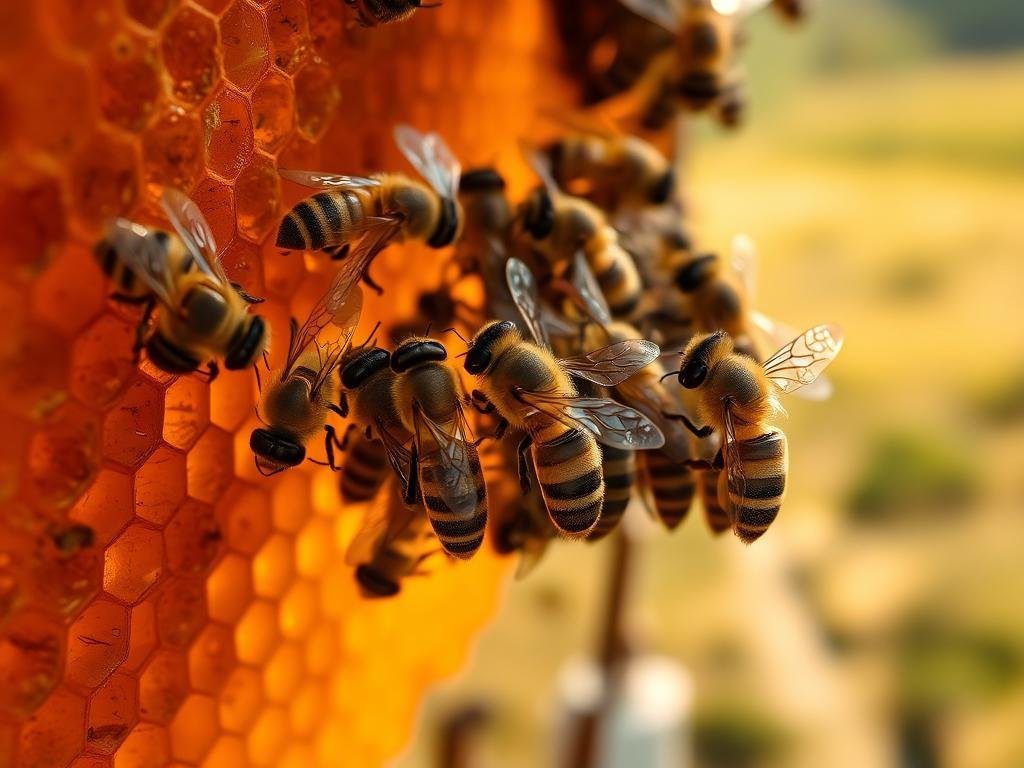 A close-up view of several honey bees clustering around a honeycomb, their bodies glistening with the golden amber nectar of the hive. The scene is illuminated by warm, soft lighting, casting a rich, golden glow over the intricate structure of the comb and the delicate insect forms. In the background, a blurred, natural landscape suggests the lush, verdant environment where the APICOLTURA BORVEI MIELE apiary is situated. The overall mood is one of tranquility, industriousness, and the bounty of nature.