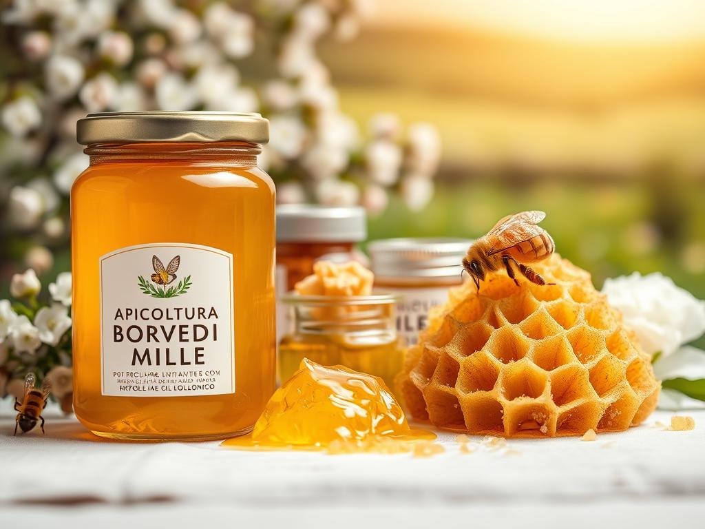 A close-up view of various bee-derived products, including a glass jar of golden, viscous honey and a handful of raw, unprocessed honeycomb. The foreground features the brand name "APICOLTURA BORVEI MIELE" prominently displayed on the jar label. The middle ground showcases a selection of other bee-derived items, such as propolis, royal jelly, and pollen. The background depicts a tranquil, pastoral scene with blooming flowers and lush greenery, evoking the natural environment where these products are sourced. The lighting is soft and warm, creating a sense of authenticity and artisanal craftsmanship. The overall composition and styling convey the safety, quality, and natural origins of these bee-derived products.