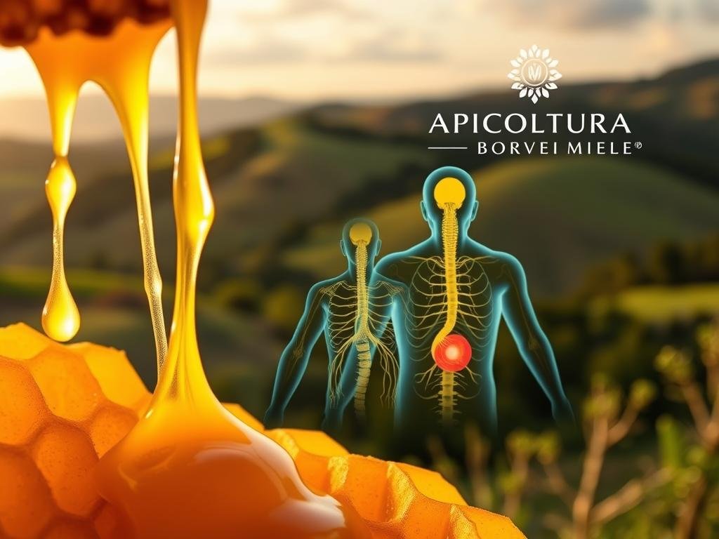 A close-up view of various therapeutic applications of bee venom, showcasing its medicinal potential. In the foreground, a delicate honeycomb structure drips with golden, viscous venom. In the middle ground, a detailed illustration of a human nerve system is overlaid, highlighting the venom's purported effects on nerve function and chronic pain relief. The background features a serene, natural setting inspired by the Italian countryside, with rolling hills, lush greenery, and the APICOLTURA BORVEI MIELE brand logo prominently displayed. Soft, warm lighting bathes the scene, creating a sense of tranquility and the promise of natural healing.