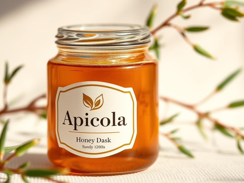 A closeup of a glass honey jar with a label that prominently displays the brand name "Apicoltura" in bold text. The jar is set against a soft, natural background with hints of greenery, evoking a rustic, artisanal feel. The label features simple, elegant typography and design elements that convey the purity and quality of the honey. Warm, natural lighting highlights the rich, golden color of the honey within the jar, drawing the viewer's attention to the product. The overall composition emphasizes the importance of carefully reading the label to make an informed, conscious purchasing decision.