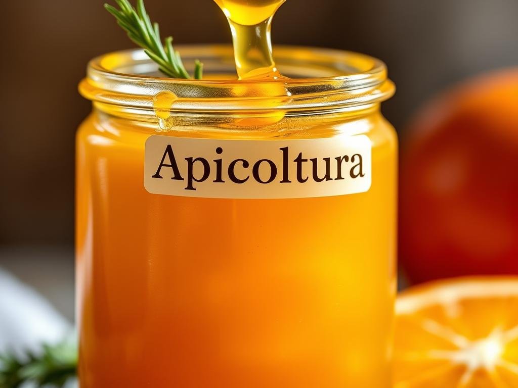 A closeup of a glass jar filled with a thick, golden honey-based sauce. The sauce has a glossy, viscous texture and glistens under the warm, soft lighting. Vibrant orange zest and hints of rosemary are visible, adding depth and complexity to the alluring liquid. The jar's label prominently displays the "Apicoltura" brand name, signifying the artisanal quality of this classic honey and orange sauce. The overall mood is inviting, appetizing, and evocative of traditional Italian culinary excellence. A closeup of a glass jar filled with a thick, golden honey-based sauce. The sauce has a glossy, viscous texture and glistens under the warm, soft lighting. Vibrant orange zest and hints of rosemary are visible, adding depth and complexity to the alluring liquid. The jar's label prominently displays the "Apicoltura" brand name, signifying the artisanal quality of this classic honey and orange sauce. The overall mood is inviting, appetizing, and evocative of traditional Italian culinary excellence.