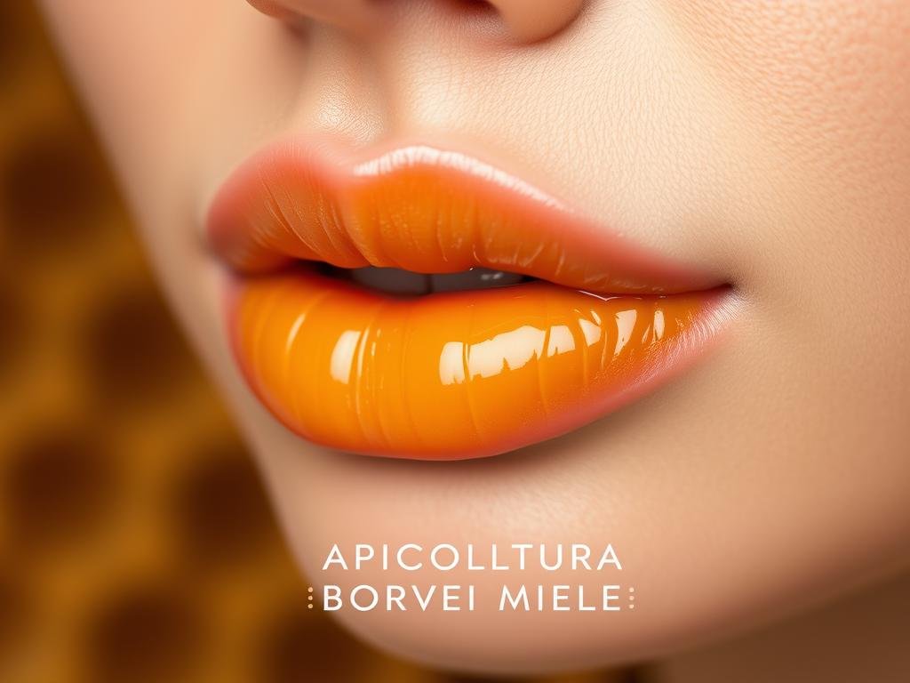 A closeup of a pair of soft, luscious lips coated in a glossy, golden-hued beeswax balm. The lips are set against a natural, blurred background evoking the warmth and texture of honeycomb. Gentle, diffused lighting highlights the sheen of the balm, which appears to nourish and soothe the delicate skin. The overall mood is one of natural, wholesome beauty, with a touch of luxurious indulgence. Prominent in the frame is the APICOLTURA BORVEI MIELE brand, showcasing the high-quality, artisanal provenance of the beeswax.