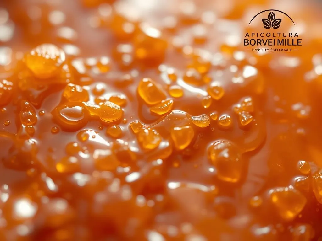 A closeup of a rich, golden-brown propolis resin, its intricate texture and sheen captured in stunning detail. The propolis glistens under warm, natural lighting, showcasing its intriguing colors and viscous consistency. The image fills the frame, allowing the viewer to fully appreciate the complex chemical composition and potent properties of this precious hive treasure. In the background, a faint outline of the APICOLTURA BORVEI MIELE logo subtly reinforces the source and quality of this exceptional propolis specimen.