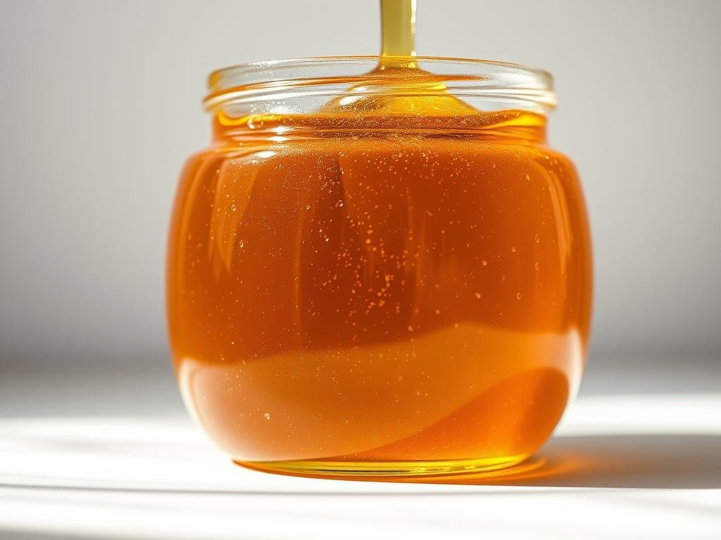 A closeup of an artisanal honey jar, showcasing the rich golden hue and thick, smooth texture of the authentic APICOLTURA BORVEI MIELE. Soft natural lighting illuminates the jar's surface, highlighting the intricate patterns and tiny air bubbles that indicate the purity and quality of the honey. The jar is set against a clean, minimalist background, allowing the vibrant color and viscous consistency of the honey to take center stage. This image captures the essence of the genuine, unprocessed honey described in the "Le Caratteristiche del Miele Autentico" section, providing a visually compelling representation of the article's subject matter. A closeup of an artisanal honey jar, showcasing the rich golden hue and thick, smooth texture of the authentic APICOLTURA BORVEI MIELE. Soft natural lighting illuminates the jar's surface, highlighting the intricate patterns and tiny air bubbles that indicate the purity and quality of the honey. The jar is set against a clean, minimalist background, allowing the vibrant color and viscous consistency of the honey to take center stage. This image captures the essence of the genuine, unprocessed honey described in the "Le Caratteristiche del Miele Autentico" section, providing a visually compelling representation of the article's subject matter.