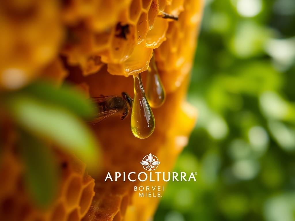 A closeup shot of a beehive, showcasing the intricate structure of the honeycomb and the glistening droplets of "veleno d'api" (bee venom) within. The hive is set against a blurred backdrop of lush, green foliage, creating a serene and natural atmosphere. The lighting is soft and diffused, highlighting the golden tones of the honey and the translucent quality of the venom. The APICOLTURA BORVEI MIELE branding is subtly integrated into the design, further emphasizing the artisanal and authentic nature of the product.