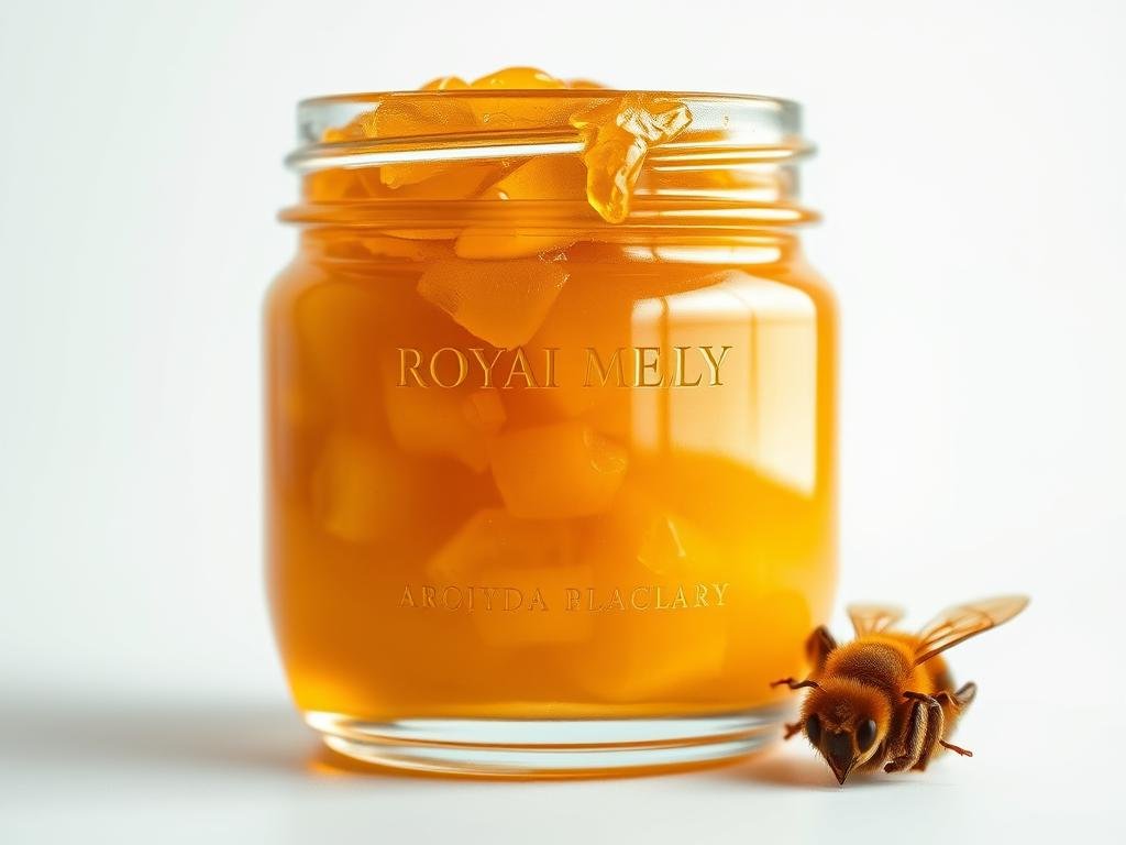 A closeup shot of a glass jar filled with rich, golden-hued royal jelly, the key ingredient in "APICOLTURA BORVEI MIELE" products. Soft, diffused lighting illuminates the jar, highlighting the viscous texture and natural shine of the royal jelly. The jar is set against a clean, white background, emphasizing the purity and health benefits of this natural supplement. The composition and lighting convey a sense of quality, purity, and the restorative properties of royal jelly for eye health, as described in the article section "Pappa Reale per la Secchezza Oculare e Altri Disturbi Visivi". A closeup shot of a glass jar filled with rich, golden-hued royal jelly, the key ingredient in "APICOLTURA BORVEI MIELE" products. Soft, diffused lighting illuminates the jar, highlighting the viscous texture and natural shine of the royal jelly. The jar is set against a clean, white background, emphasizing the purity and health benefits of this natural supplement. The composition and lighting convey a sense of quality, purity, and the restorative properties of royal jelly for eye health, as described in the article section "Pappa Reale per la Secchezza Oculare e Altri Disturbi Visivi".