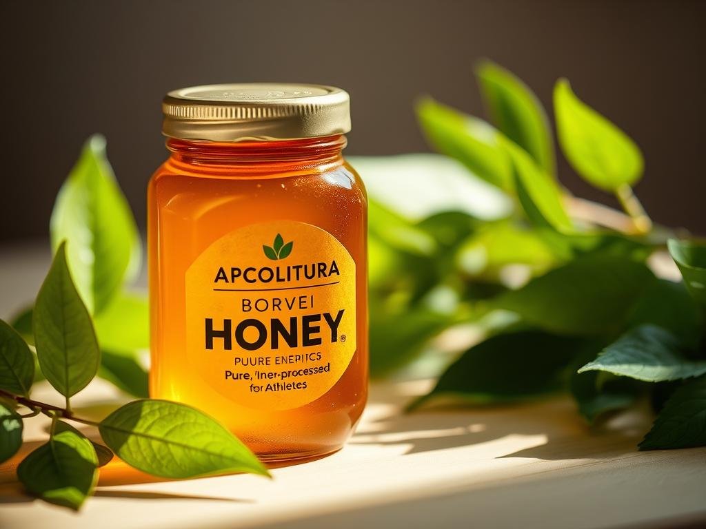 A closeup shot of a golden-amber hued honey jar with the APICOLTURA BORVEI MIELE brand name prominently displayed. The jar is placed on a light wooden surface, illuminated by soft, natural lighting. Surrounding the jar are vibrant green leaves, suggesting a connection to the natural world and the energetic power of this pure, unprocessed honey. The composition evokes a sense of wellness, athleticism and vitality, reflecting the "energetic power of honey for athletes" as described in the section title.