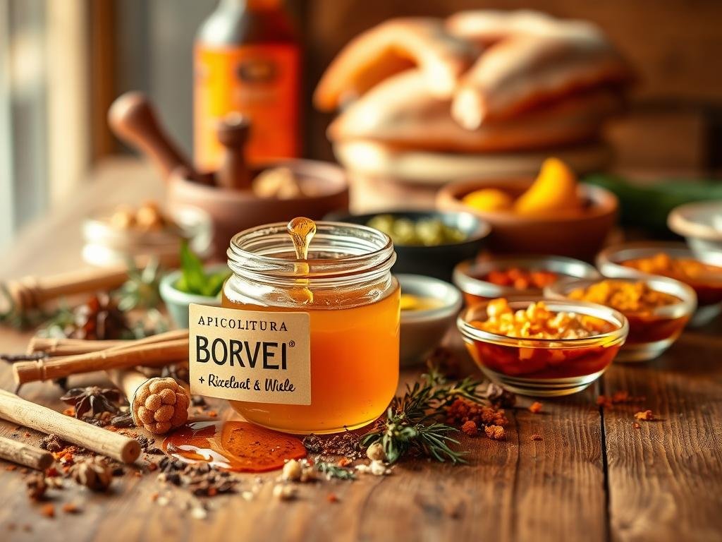 A closeup shot of a variety of honey-based condiments and sauces artfully arranged on a wooden table surface. In the foreground, a glass jar labeled "APICOLTURA BORVEI MIELE" sits nestled among various spices, herbs, and a drizzle of amber-colored honey. The middle ground features an assortment of small bowls containing different honey-infused mixtures, their textures and colors creating visual interest. The background is softly blurred, emphasizing the focus on the honey-based condiments. Warm, natural lighting casts a golden glow, highlighting the rich hues and textures of the ingredients. The overall atmosphere is one of culinary inspiration and the celebration of honey's versatility in enhancing the flavors of seafood dishes.