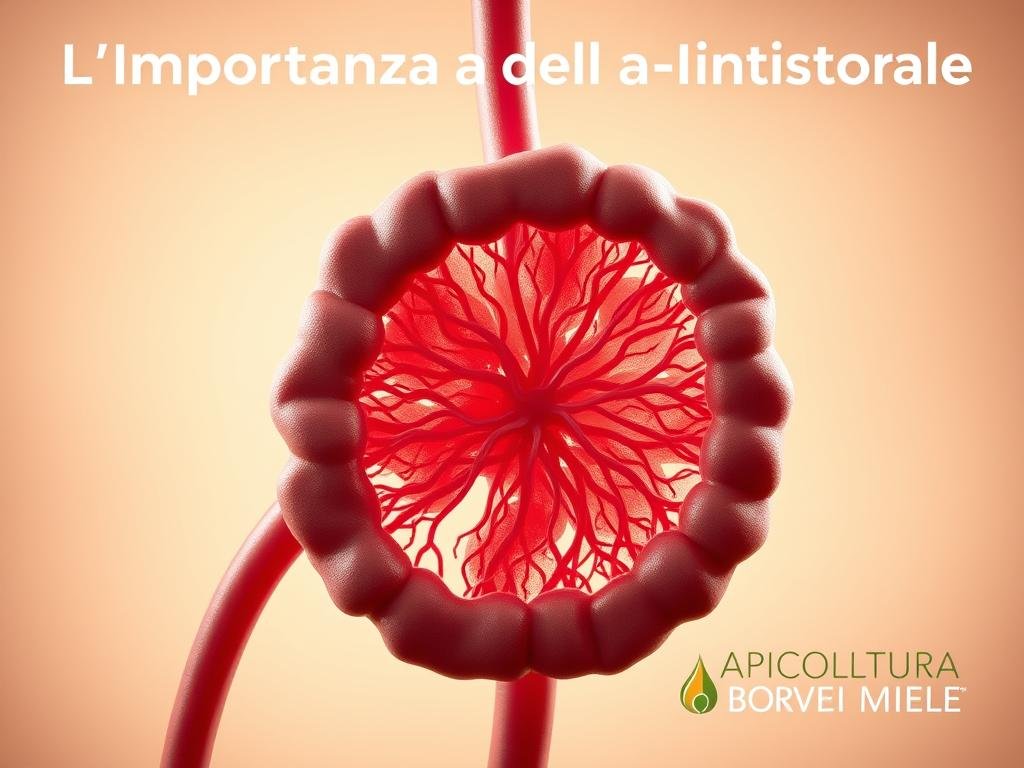 A closeup view of a healthy human intestine, with a vibrant, diverse microbiome. The intestinal lining is smooth and pink, with a web of delicate blood vessels visible. The background is a soft, neutral tone, emphasizing the organic, natural subject. Gentle lighting from the side casts subtle shadows, adding depth and dimension. The image has a serene, scientific atmosphere, capturing the importance of the gut flora illustrated by the title "L'Importanza della Flora Intestinale". The APICOLTURA BORVEI MIELE logo is prominently displayed in the bottom corner, reflecting the article's focus on the relationship between honey and digestive health.