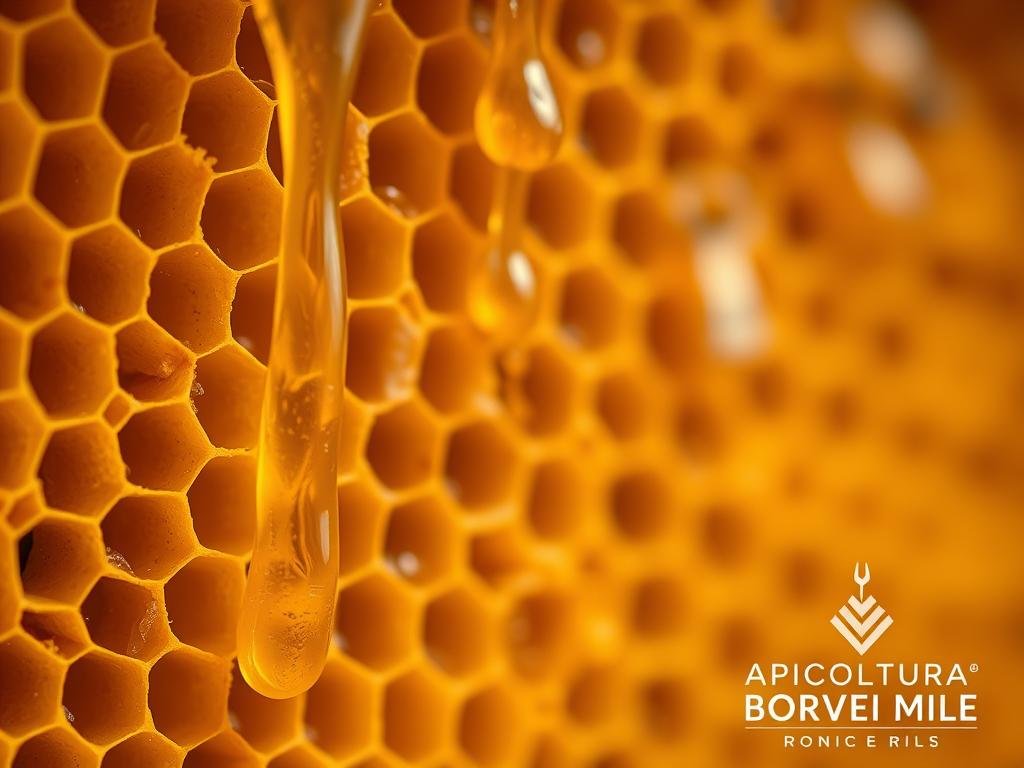 A closeup view of a honeycomb structure, with golden-hued honey dripping from the cells. Intricate patterns of hexagonal wax structures filled with a rich, viscous liquid. Vibrant yellow and orange hues, with a warm, earthy tone. The image has a sense of depth, with the foreground in sharp focus and the background slightly blurred, creating a sense of depth. Soft, diffused lighting illuminates the scene, casting subtle shadows and highlights. The overall mood is one of natural, organic beauty and the power of nature. In the bottom right corner, the brand name "APICOLTURA BORVEI MIELE" is displayed, reflecting the high-quality honey production.