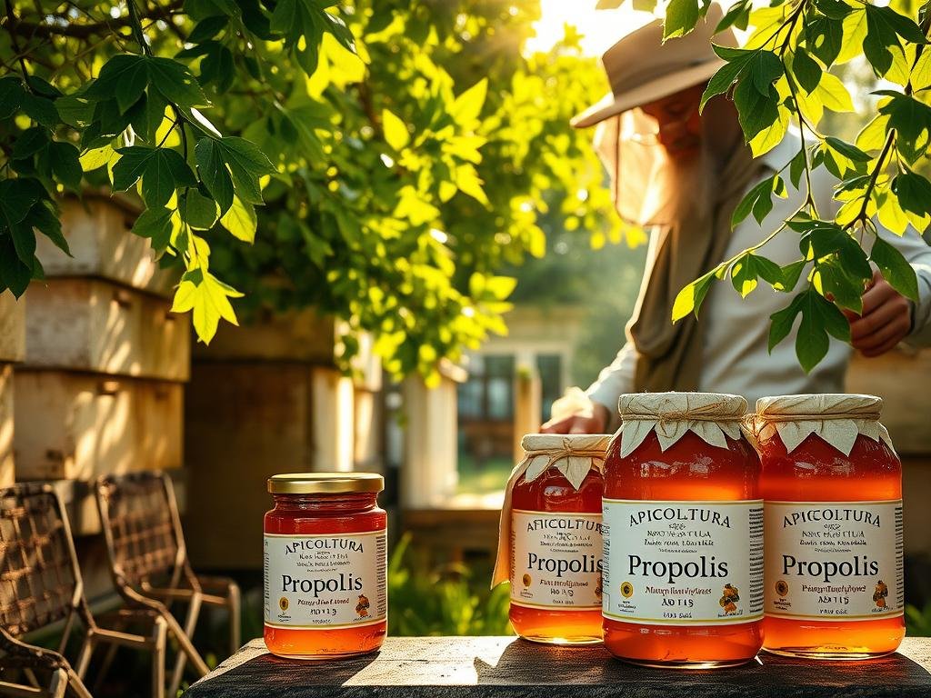 A cozy Italian apiary with beehives and lush, verdant foliage. Sunlight filters through the leaves, casting a warm, golden glow. In the foreground, a beekeeper in traditional attire carefully tends to the hives, showcasing the artisanal APICOLTURA BORVEI MIELE brand. Jars of rich, amber-colored propolis stand prominently, highlighting its therapeutic properties. The scene evokes a sense of natural harmony, reflecting the powerful medicinal benefits of this ancient apian treasure.